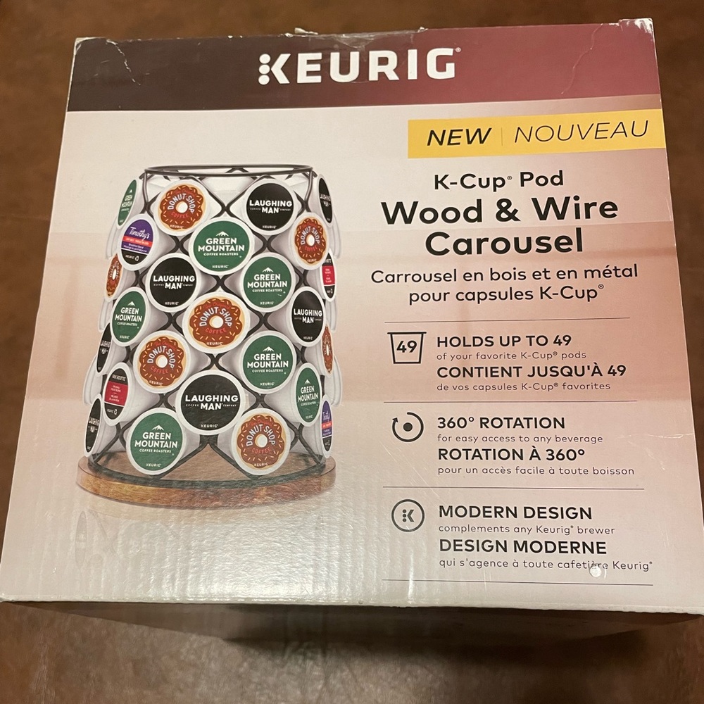 Keurig wood and wire carousel k-cup pod storage.